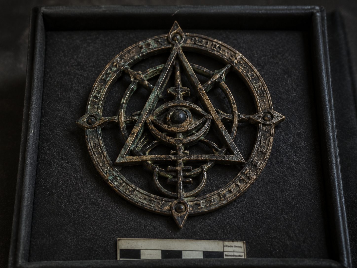 Photograph of a weathered circular metal seal with an eye and triangular geometry, resting in a black display case.